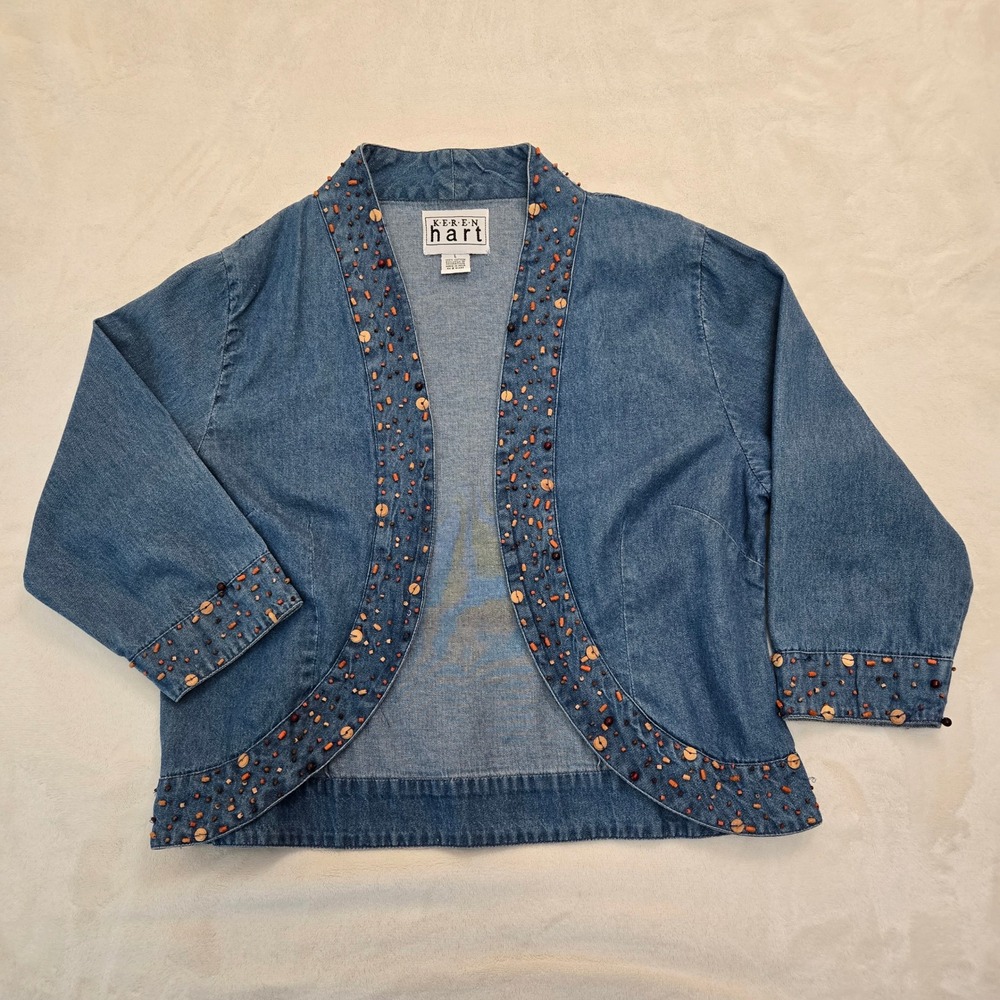 Keren Hart Blue Denim Beaded Skirt Set Jacket L Skirt M Boho Western Tiered Maxi - Picture 16 of 16